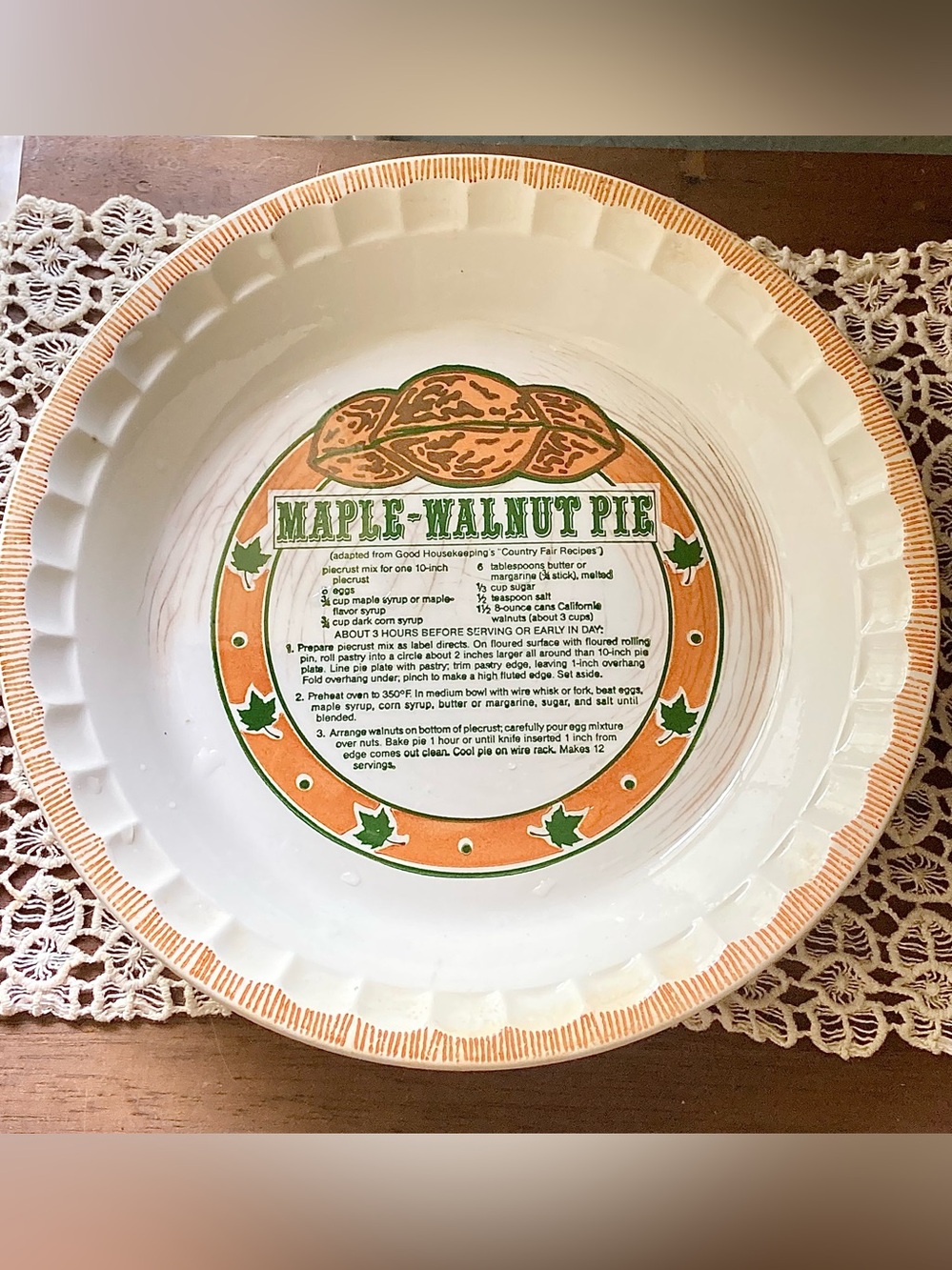 Pie Dish Maple Walnut Recipe Good Housekeeping Country Fair Recipes 11”